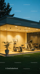 Modern Glass Home Gym with Evening Ambiance