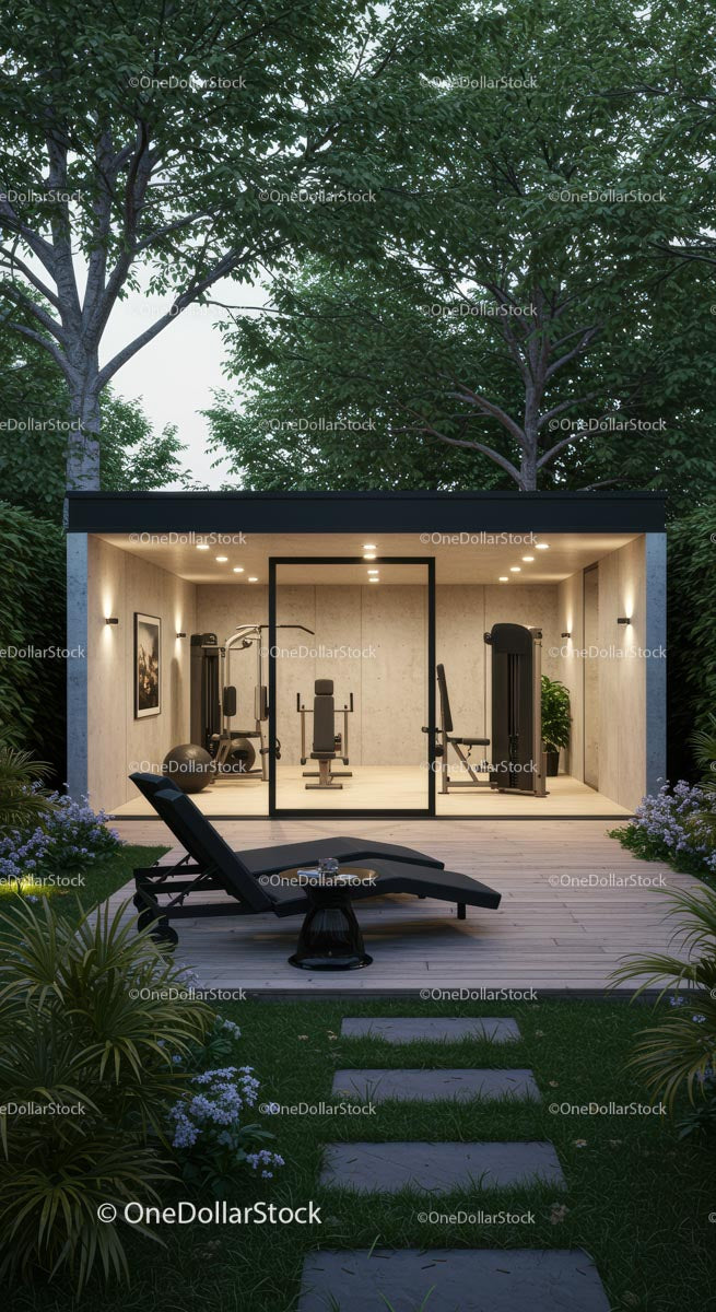 Modern Outdoor Gym Amidst Lush Greenery in Evening