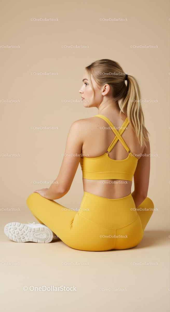 Blonde Woman in Yellow Activewear Sitting on Floor