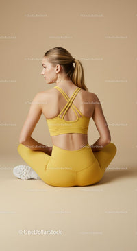 Blonde Woman in Yellow Activewear Practicing Yoga