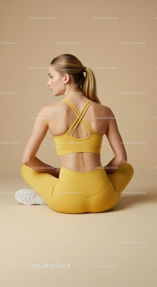 Blondynka w żółtym stroju sportowym ćwicząca jogę