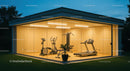 Modern Home Gym with Glass Walls at Dusk