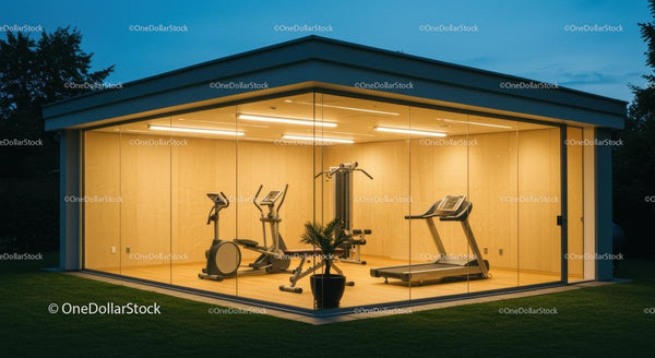 Modern Home Gym with Glass Walls at Dusk