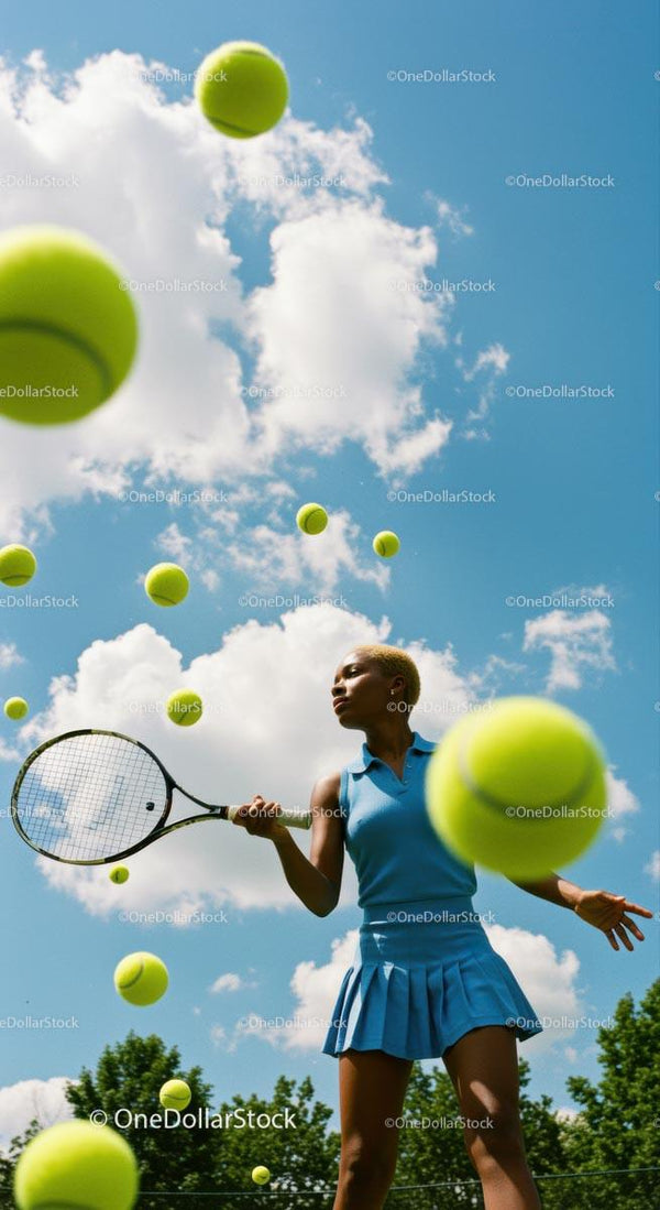 Female Tennis Player Amidst Flying Tennis Balls Outdoors