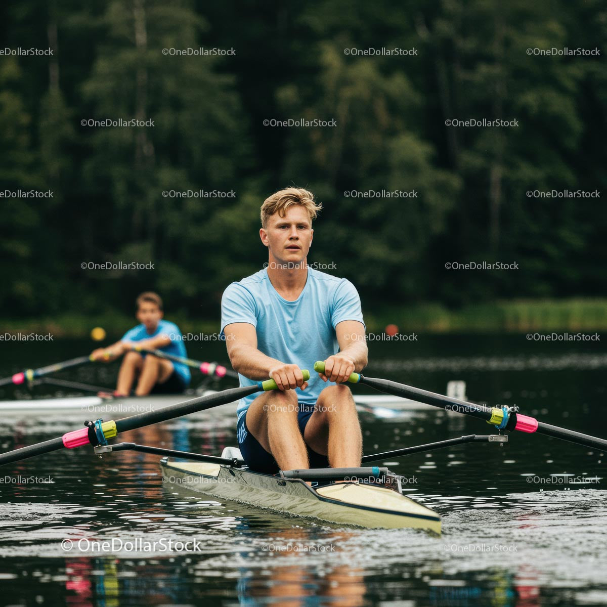 Man Rowing on a Serene Lake in Summer