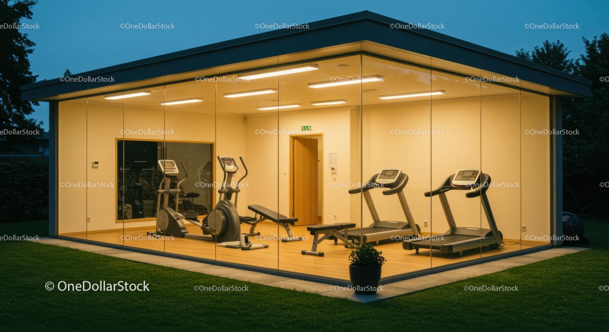 Modern Glass-Walled Gym with Cardio Equipment at Dusk