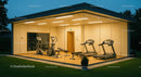 Modern Glass-Walled Gym with Cardio Equipment at Dusk