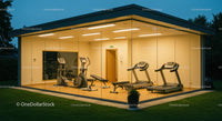 Modern Glass-Walled Gym with Cardio Equipment at Dusk