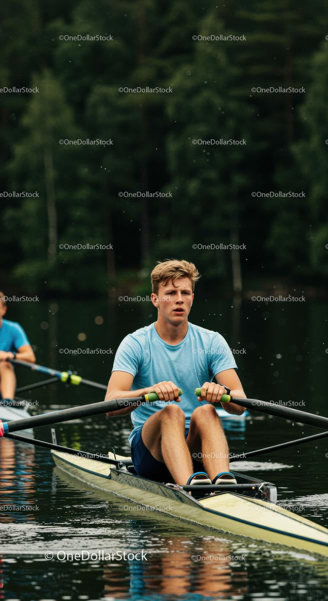 Young Male Athlete Rowing on a Serene Lake