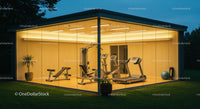 Modern Glass-Walled Home Gym in Evening Light