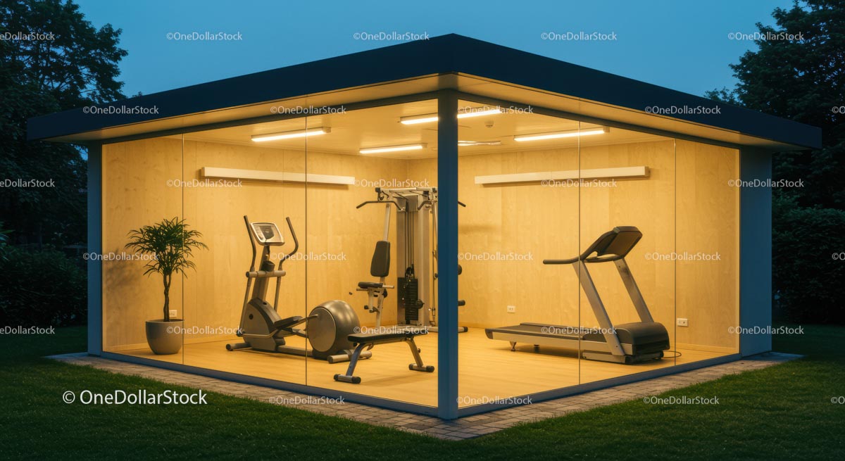Modern Home Gym with Glass Walls in Evening Light