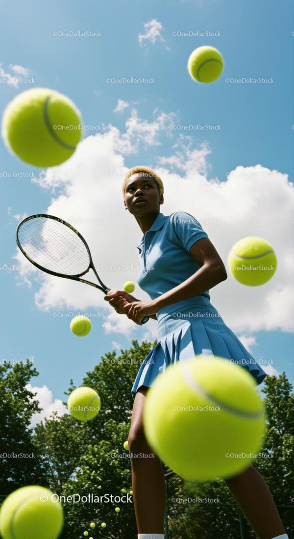 Female Tennis Player in Action with Multiple Tennis Balls