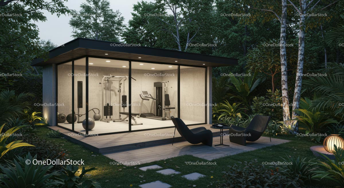 Modern Home Gym in a Lush Green Garden Setting