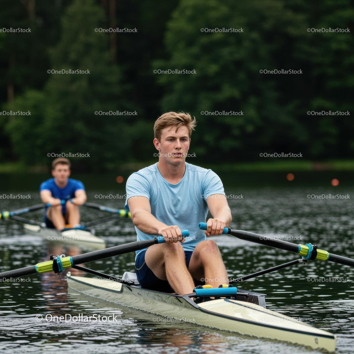 Focused Rowing Team Gliding Over Serene Lake