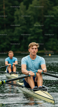 Focused Rowers Synchronizing on Serene Lake