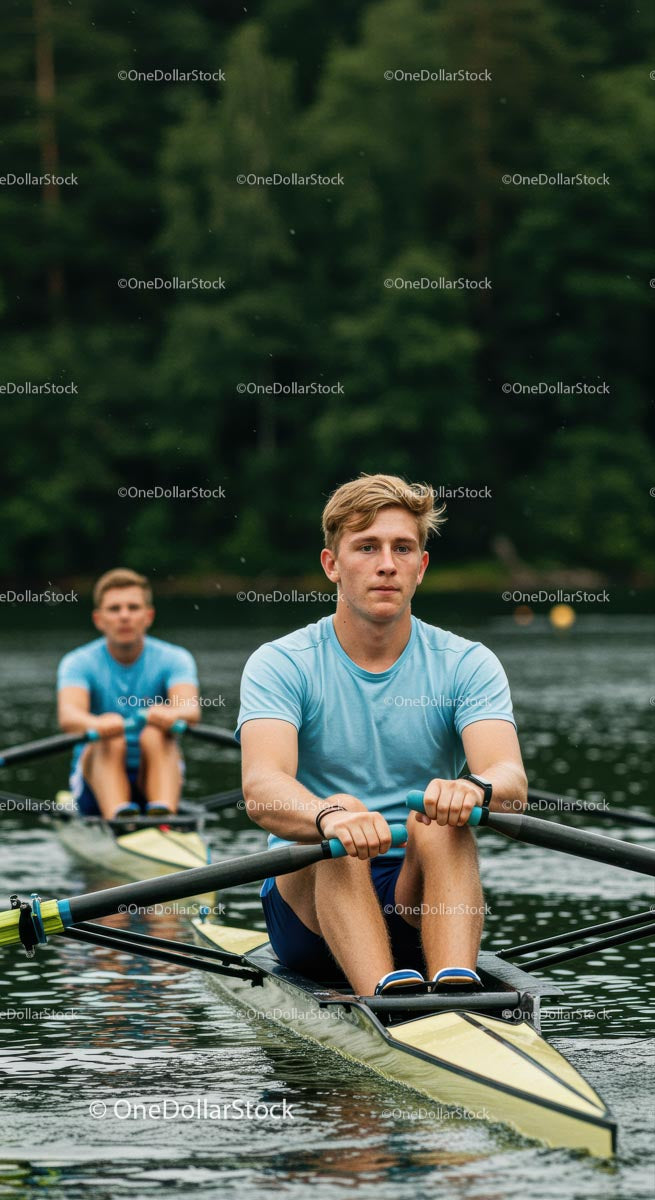 Focused Rowers Synchronizing on Serene Lake