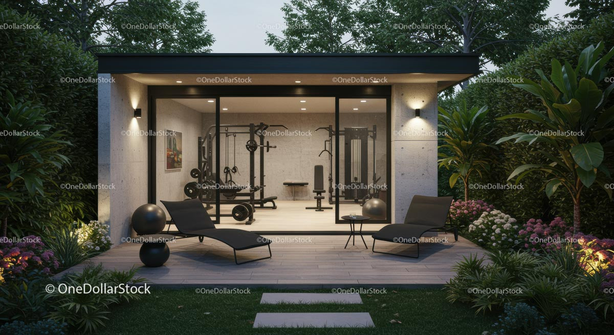 Modern Home Gym Surrounded by Lush Greenery