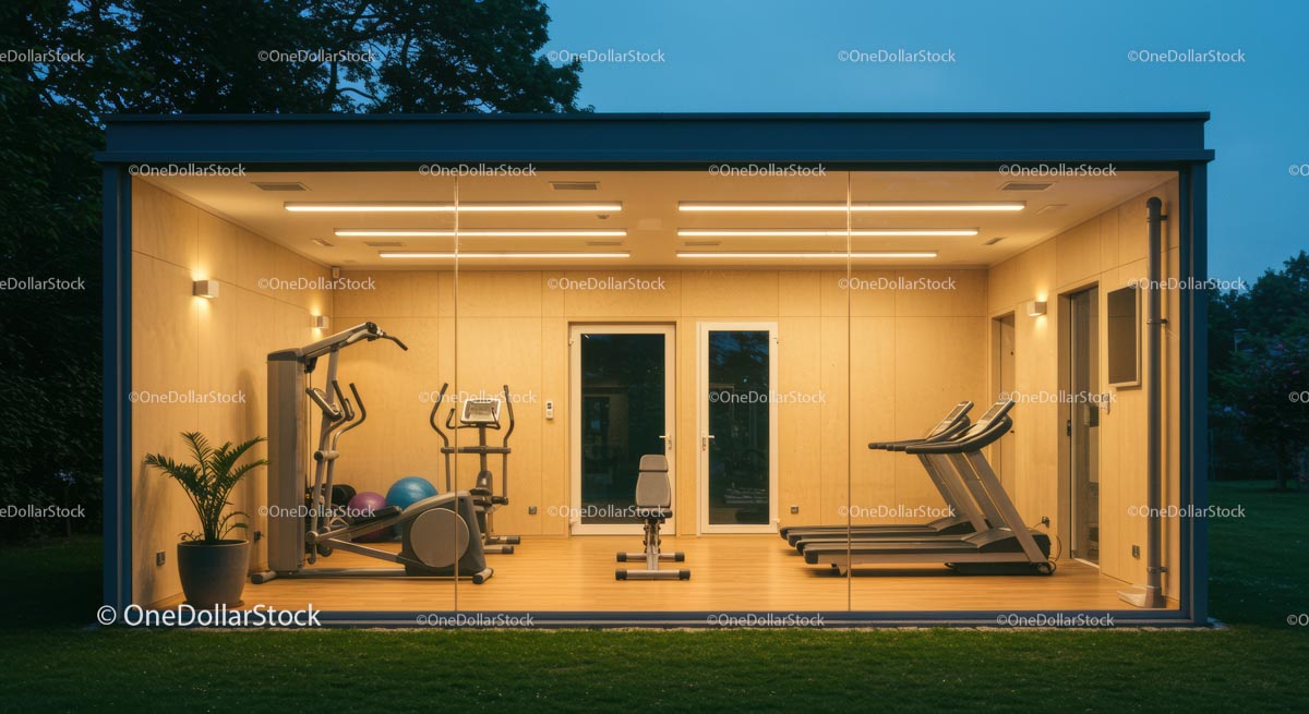 Nowoczesna domowa siłownia ze szklanymi ścianami i sprzętem fitness