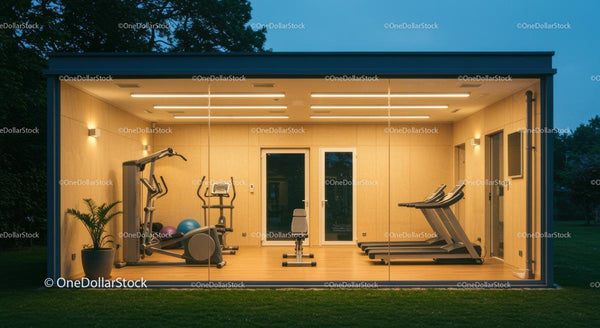 Modern Home Gym with Glass Walls and Fitness Equipment