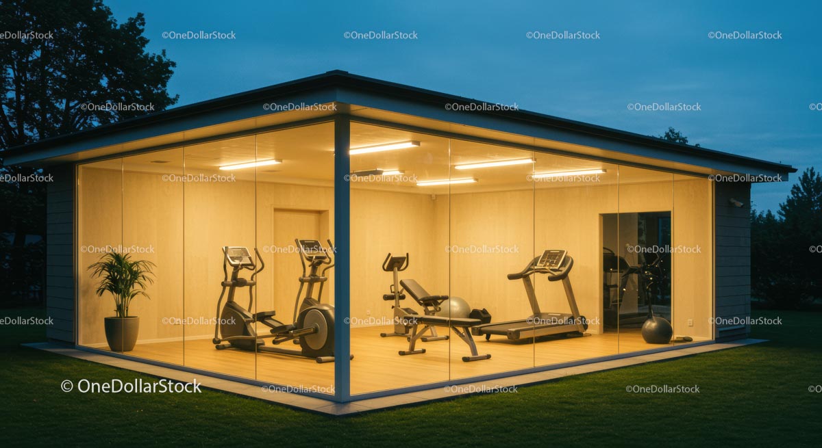 Modern Glass-Walled Home Gym at Twilight