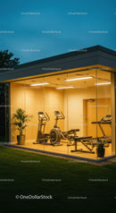 Modern Glass-Walled Gym with Evening Ambiance