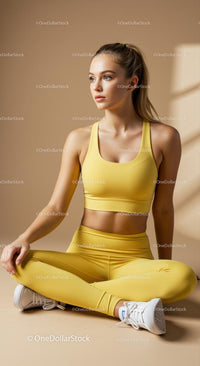 Blonde Woman in Yellow Activewear Practicing Yoga