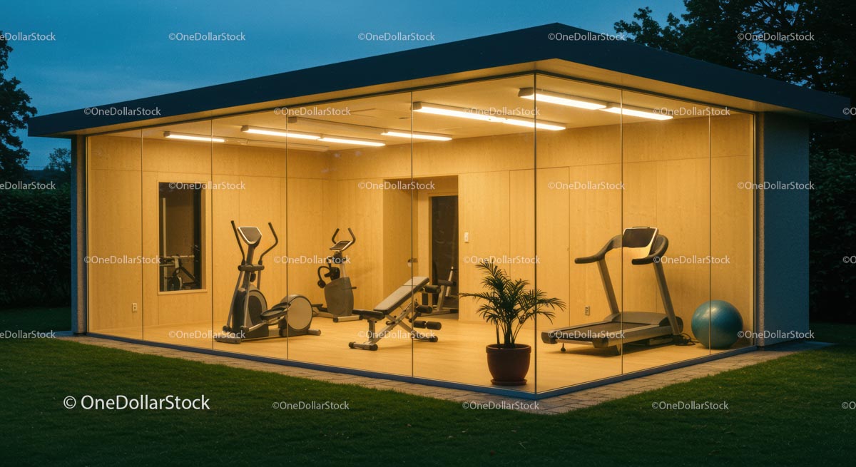 Modern Home Gym with Glass Walls and Fitness Equipment