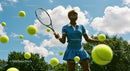 Female Tennis Player in Action with Floating Tennis Balls