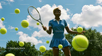 Female Tennis Player in Action with Floating Tennis Balls