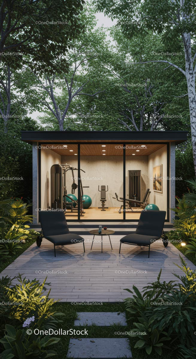 Modern Home Gym Surrounded by Lush Greenery