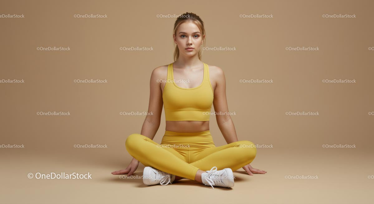 Young Woman Meditating in Yellow Fitness Outfit