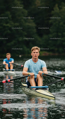 Young Athletes Rowing in Sync on a Tranquil Lake