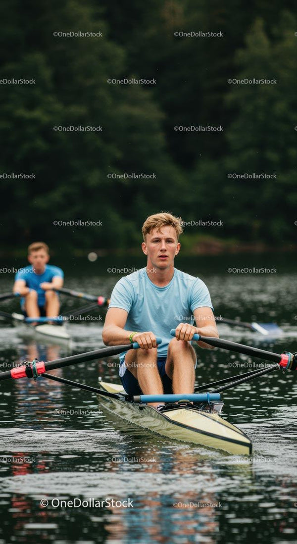 Młodzi sportowcy wiosłują synchronicznie na spokojnym jeziorze