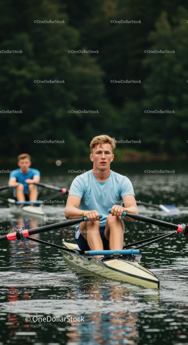 Młodzi sportowcy wiosłują synchronicznie na spokojnym jeziorze