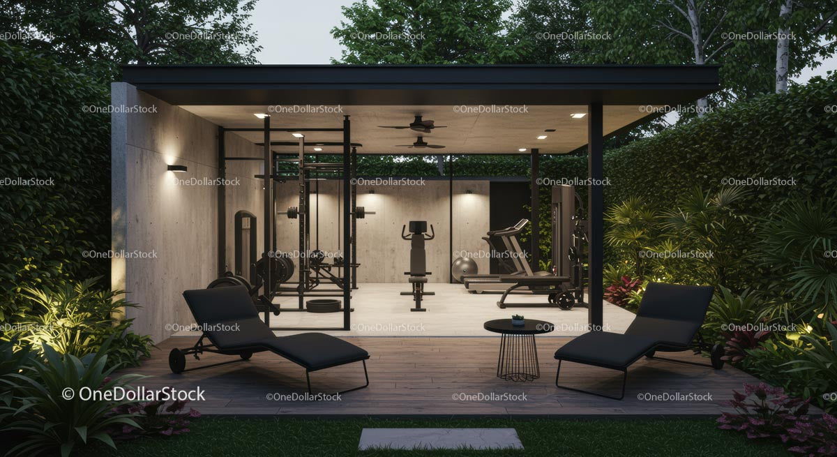 Modern Home Gym in Lush Green Garden Setting