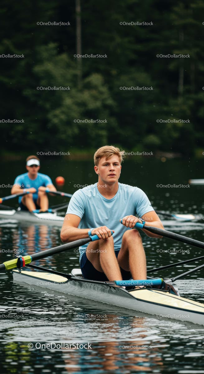 Team Rowing Practice on Scenic Lake