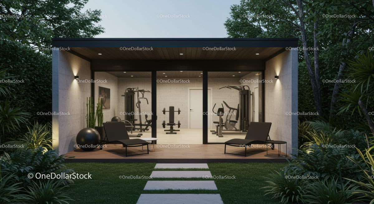 Luxury Home Gym Surrounded by Lush Greenery