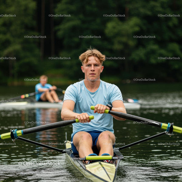 Focused Male Rower on Tranquil Lake