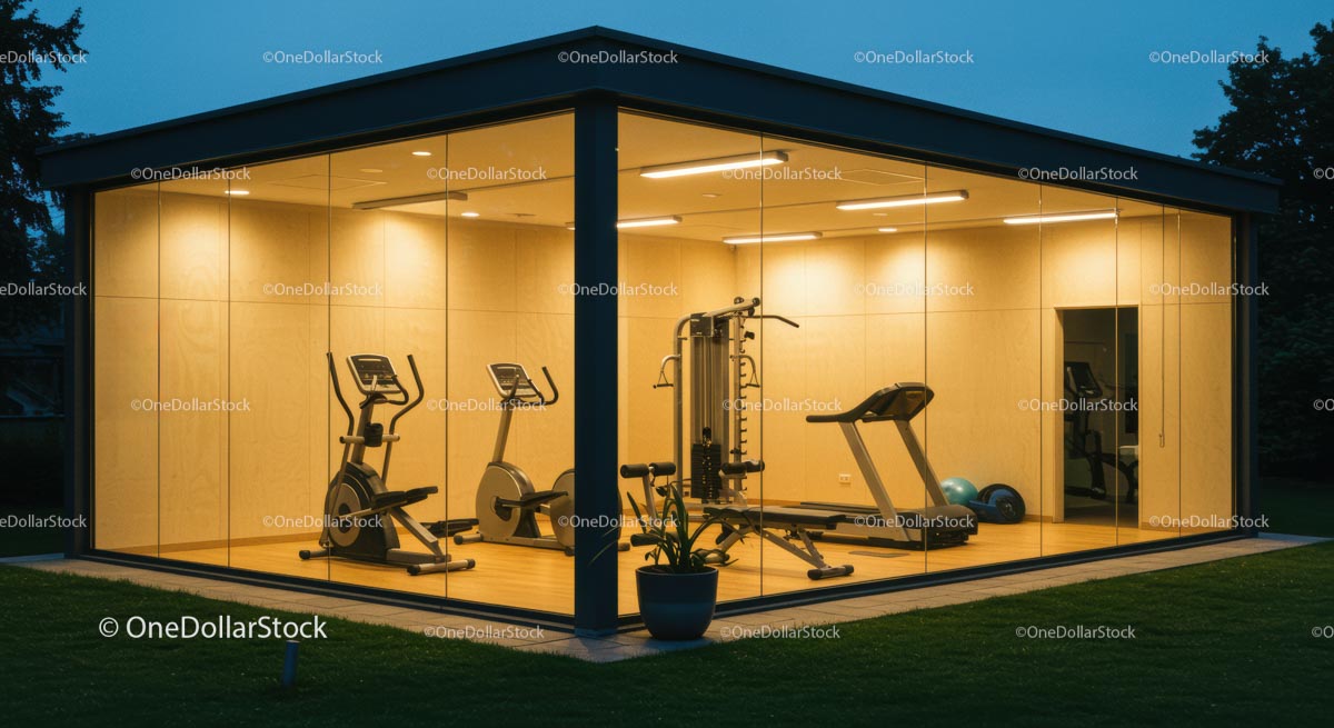 Modern Glass-Walled Gym with Exercise Equipment