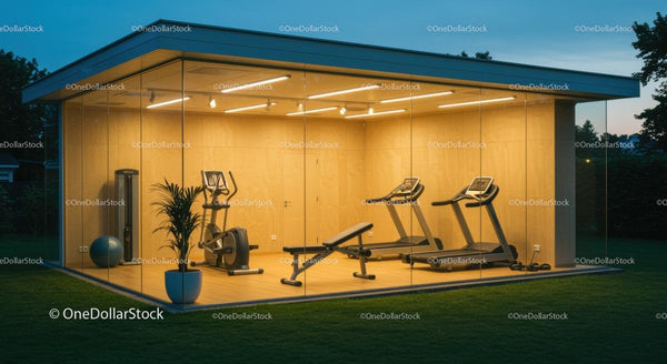Modern Glass Gym with Exercise Equipment at Dusk