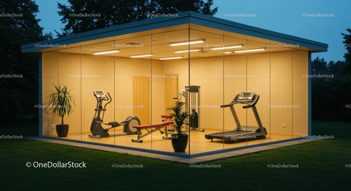 Modern Glass Gym with Fitness Equipment at Dusk
