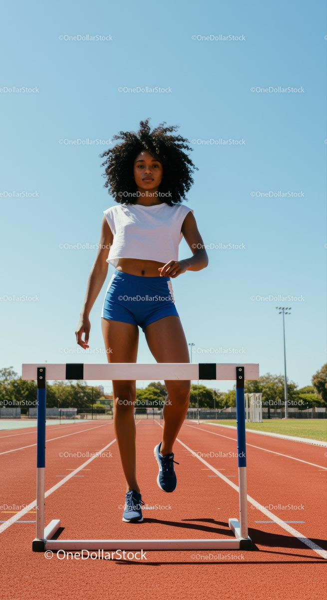 Female Athlete Training for Hurdle Race on Sunny Day