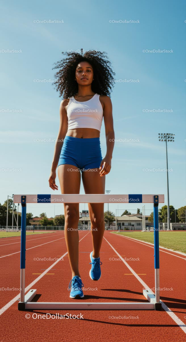 Confident Female Athlete Training on Hurdles Track