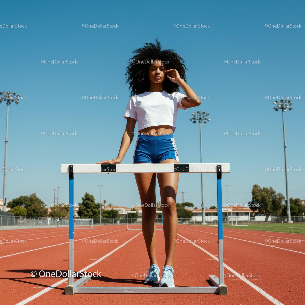 Young Woman Preparing for Hurdle Race on Sunny Track