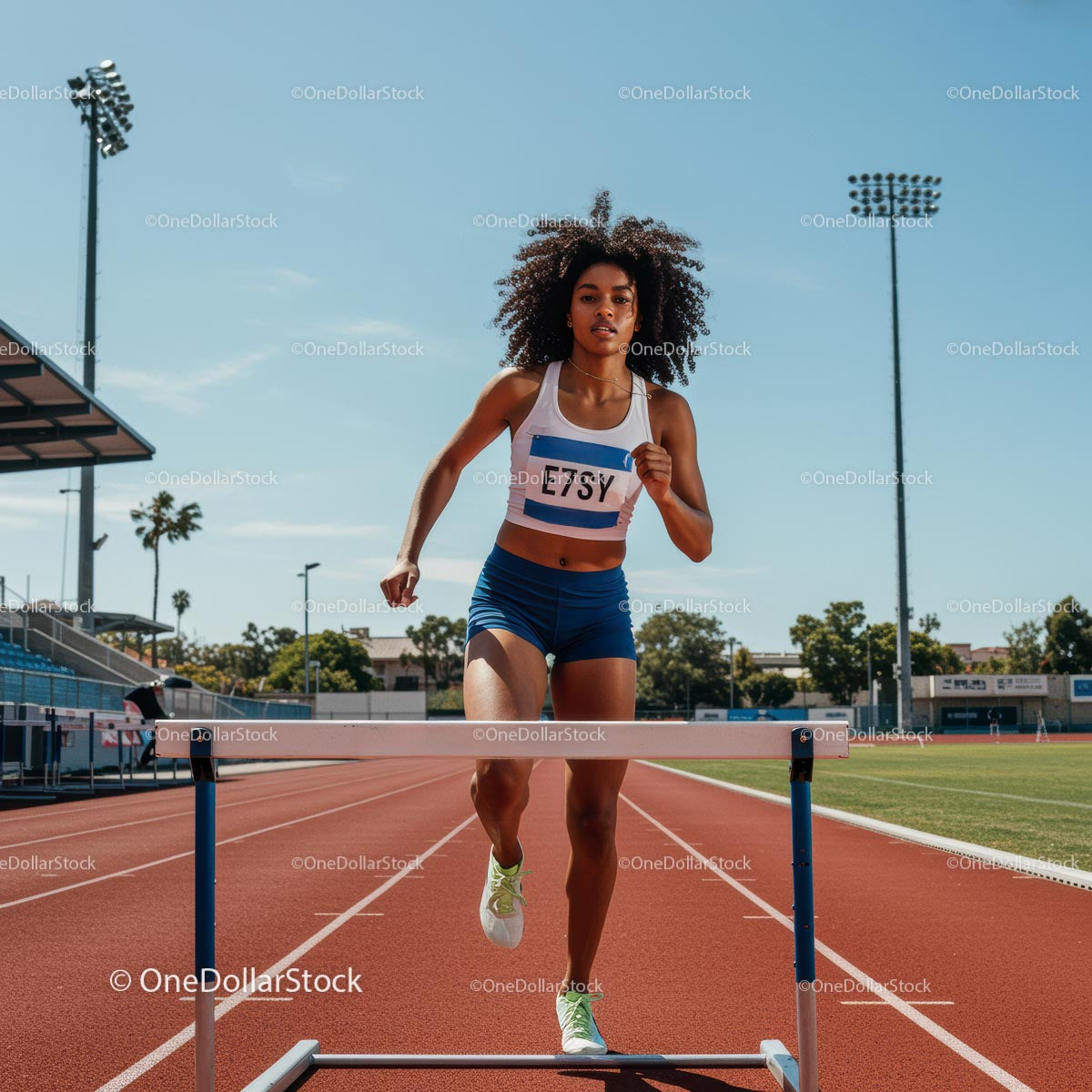 Female Athlete Running Hurdles on Track