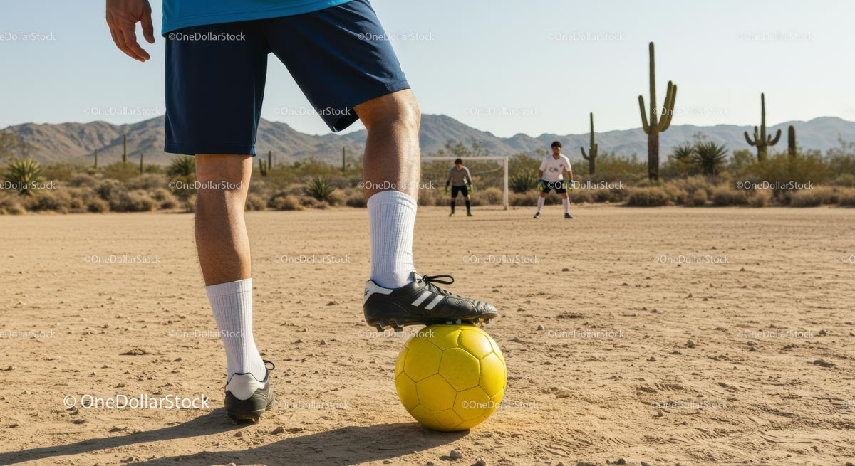 Soccer Game in a Desert Field with Yellow Ball