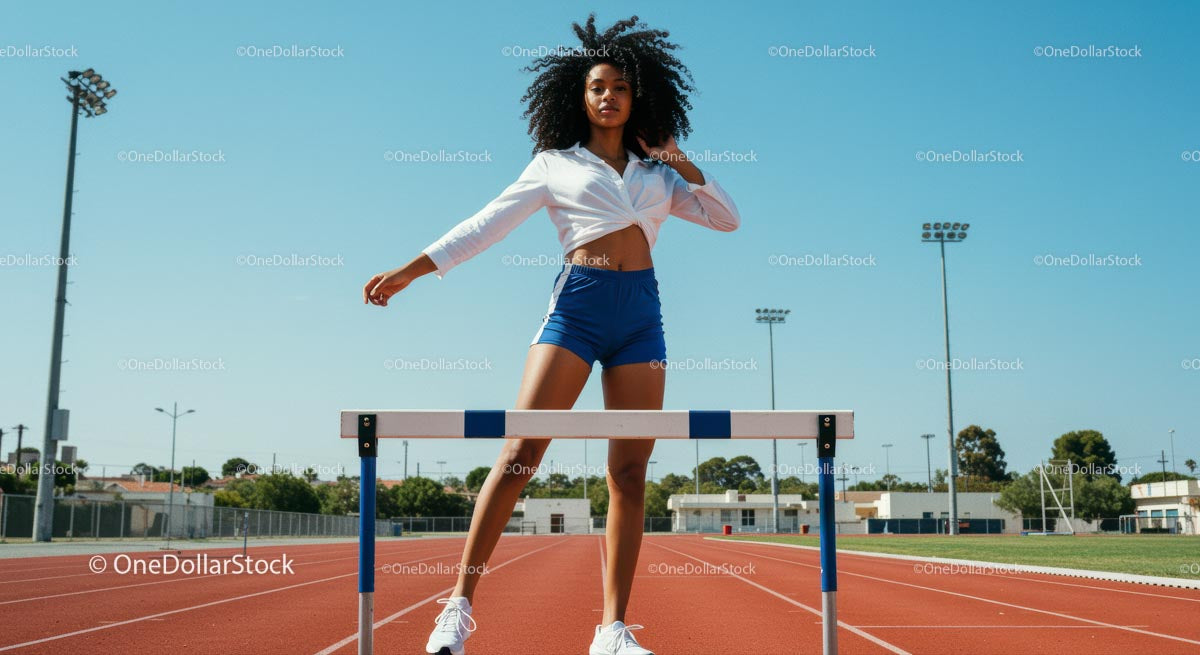 Athletic Woman Training on Outdoor Track with Hurdles