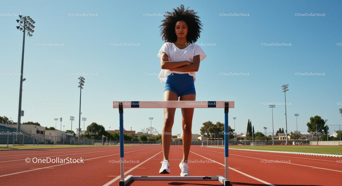 Young Athlete Standing Confidently by Hurdle on Track