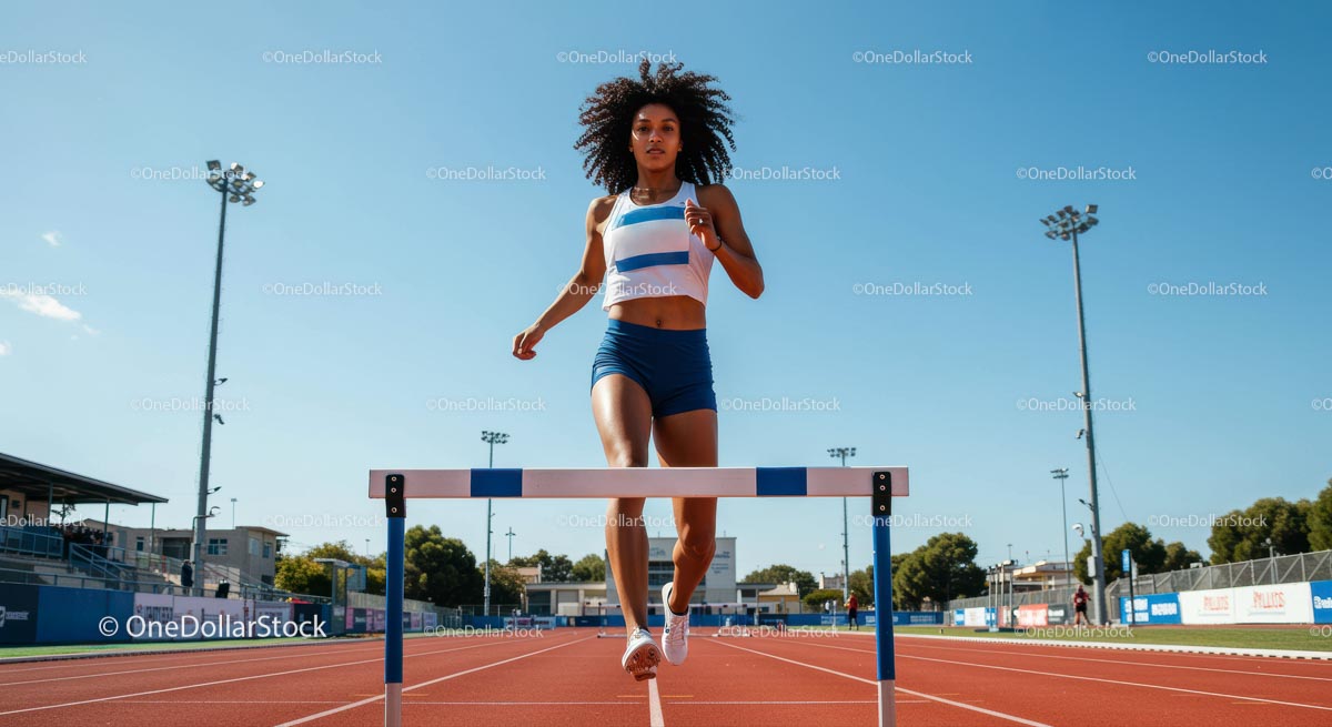 Female Athlete Hurdling During Track Race on Sunny Day
