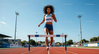 Female Athlete Hurdling During Track Race on Sunny Day